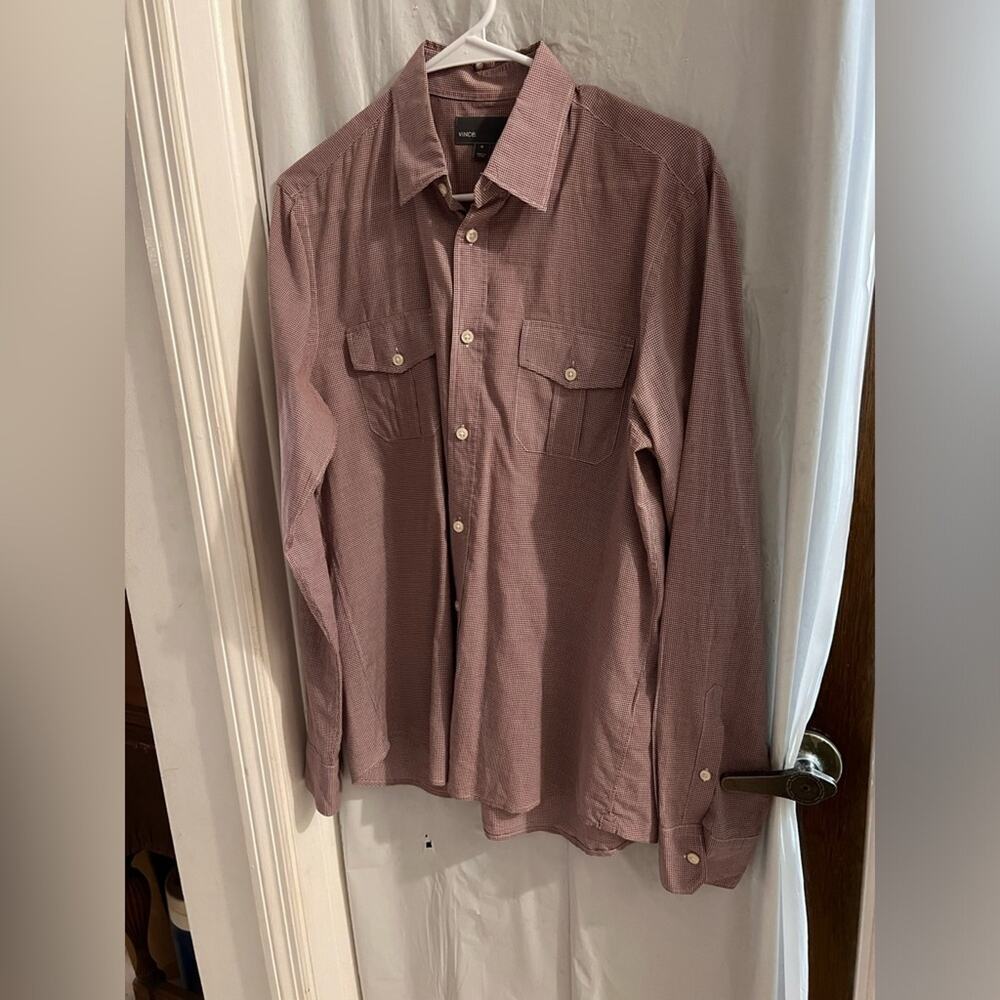 Vince burgundy white micro check long sleeve button up shirt size medium